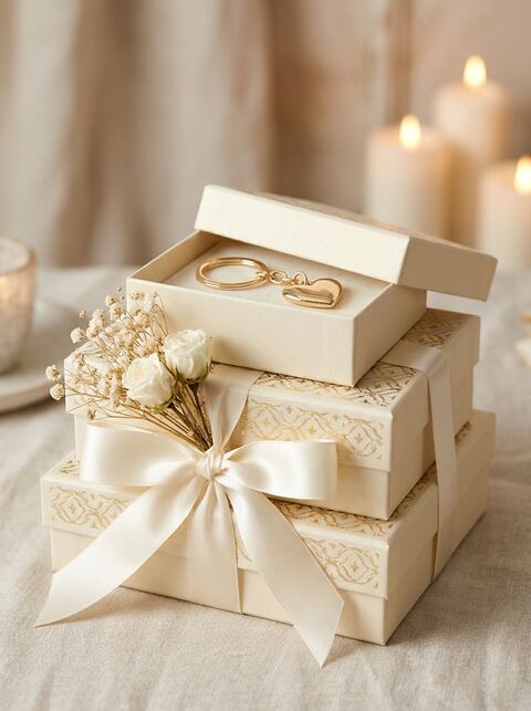ของชำร่วยงานแต่งงาน — กล่องขาวทองผูกซาตินพร้อมพวงกุญแจ